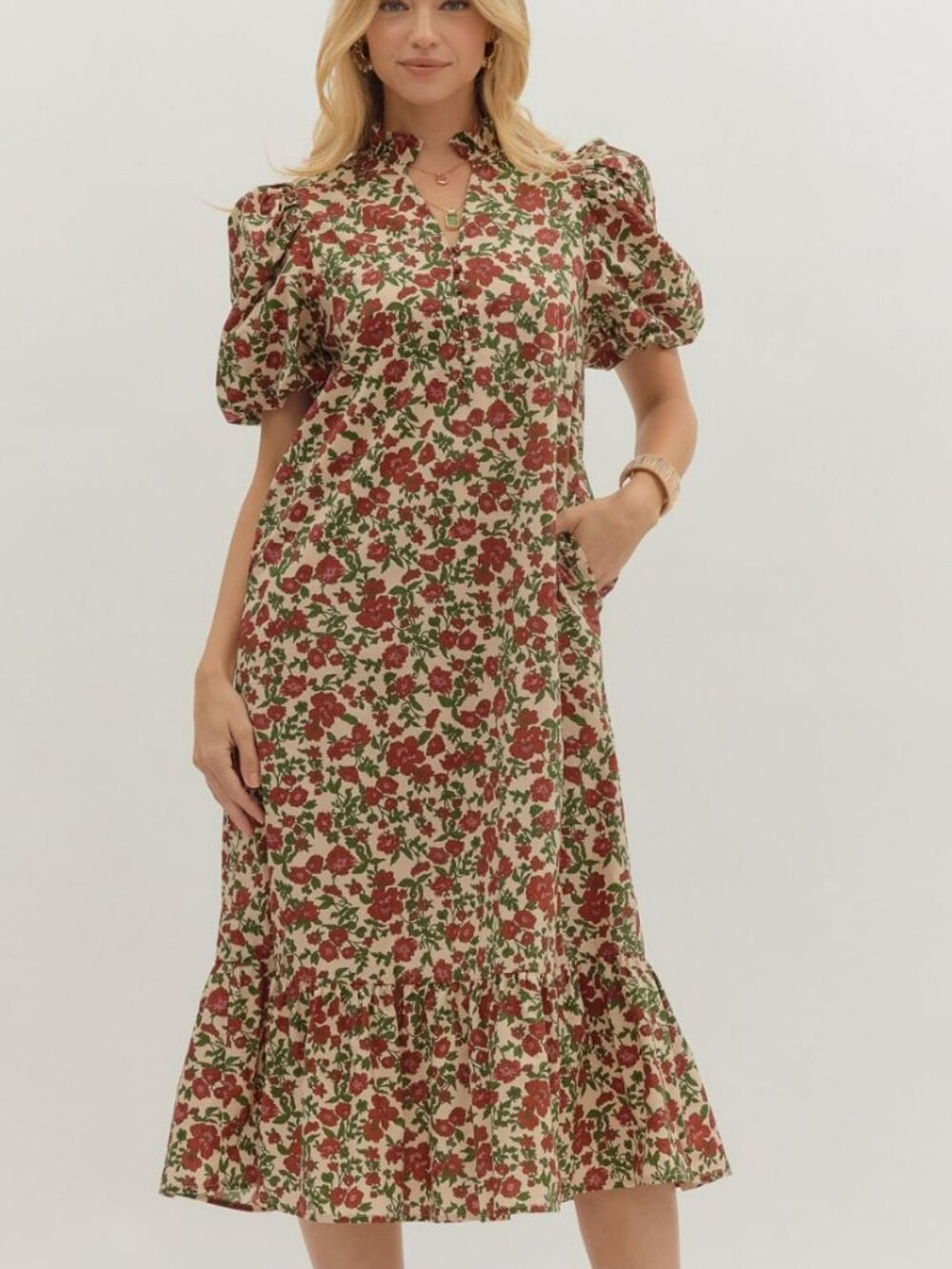 NWT Entro Fall Garden Ecru Floral Puff Sleeve Cotton Midi Dress